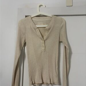 Aerie Beige Ribbed Long Sleeve Henley